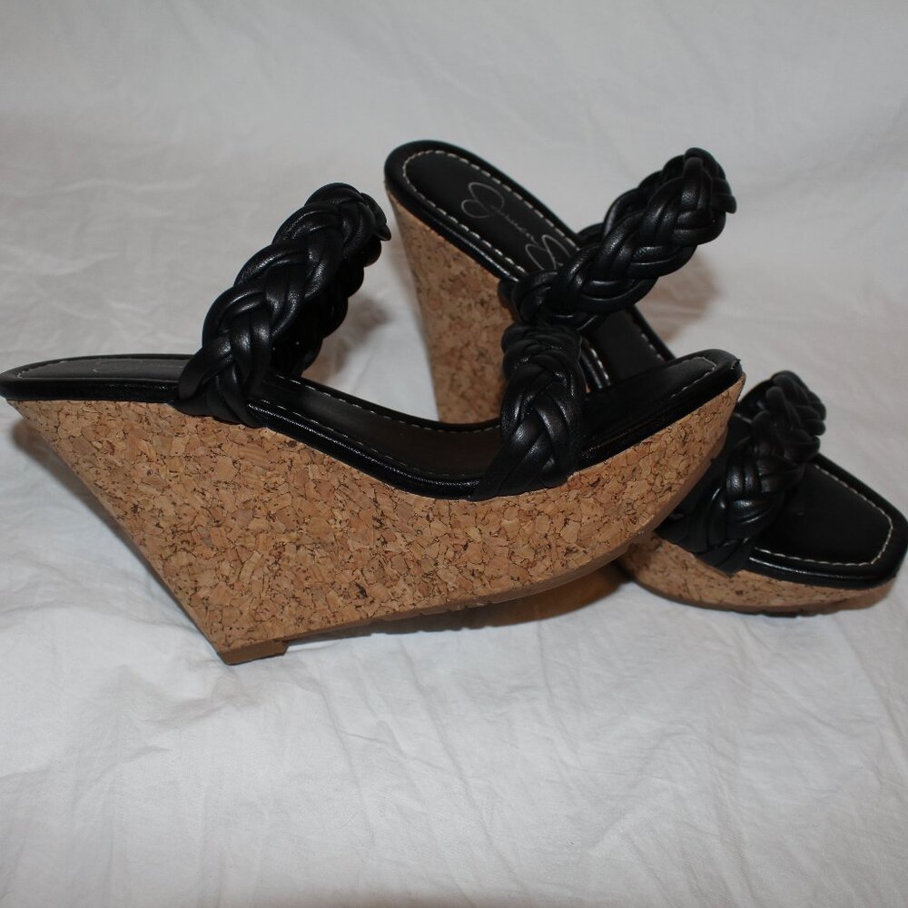 Jessica Simpson Black Leather Braided 2-Strap Cork Platform Wedge Sandals - Picture 5 of 16